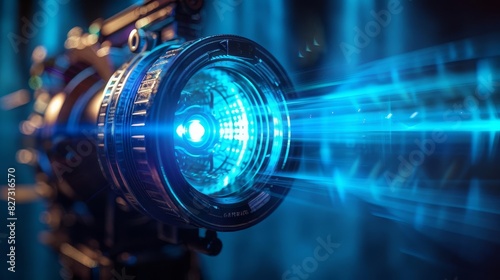 A close-up of the objective of a futuristic camera with a blue light flare.
