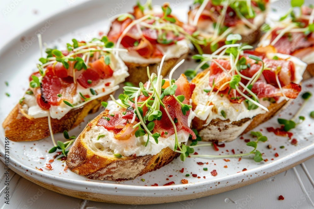 Close-up with Bruschetta with baguette, bacon or meat, cream cheese, micro-greenery, fresh cucumber and sprouts, on white plate on white textured background. Antipasto - generative ai Close-up with Bruschetta with baguette, bacon or meat, cream cheese, micro-greenery, fresh cucumber and sprouts, on white plate on white textured background. Antipasto - generative ai