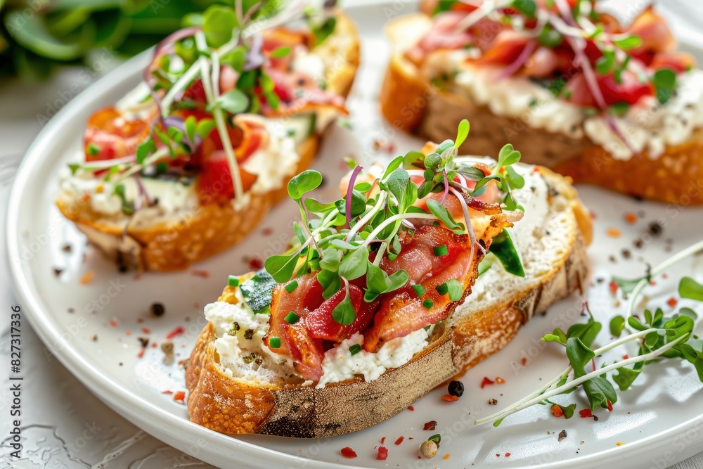 Close-up with Bruschetta with baguette, bacon or meat, cream cheese, micro-greenery, fresh cucumber and sprouts, on white plate on white textured background. Antipasto - generative ai