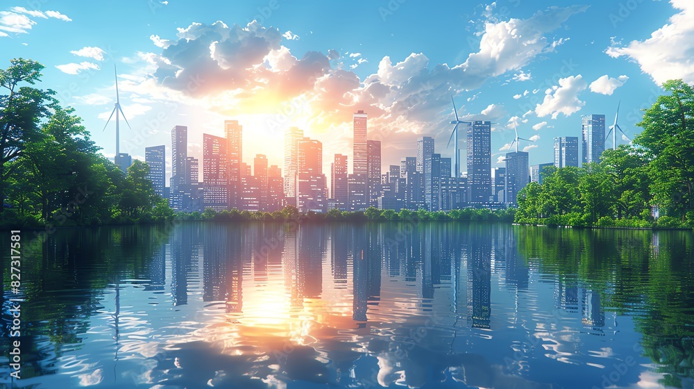 Fototapeta premium Modern city skyline reflected in a tranquil lake at sunrise.