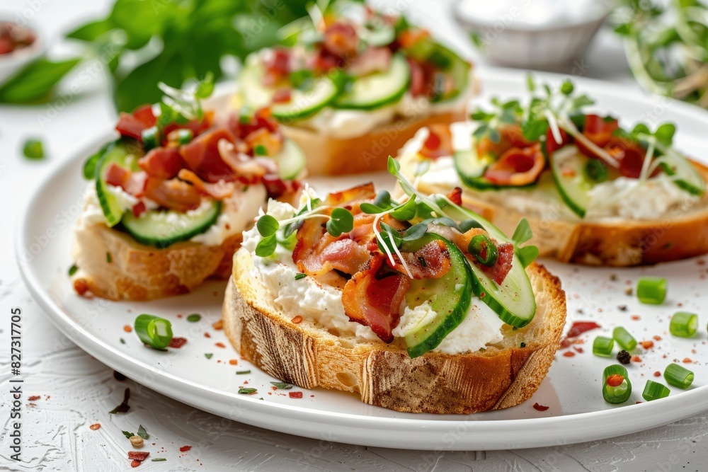 Close-up with Bruschetta with baguette, bacon or meat, cream cheese, micro-greenery, fresh cucumber and sprouts, on white plate on white textured background. Antipasto - generative ai Close-up with Bruschetta with baguette, bacon or meat, cream cheese, micro-greenery, fresh cucumber and sprouts, on white plate on white textured background. Antipasto - generative ai