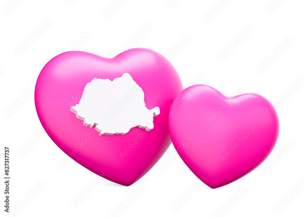 Shiny Pink Hearts With White Map Of Romania Isolated On White Background 3d Illustration
