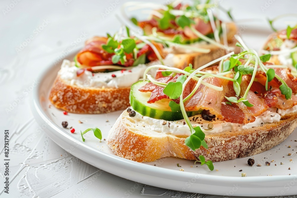 Close-up with Bruschetta with baguette, bacon or meat, cream cheese, micro-greenery, fresh cucumber and sprouts, on white plate on white textured background. Antipasto - generative ai Close-up with Bruschetta with baguette, bacon or meat, cream cheese, micro-greenery, fresh cucumber and sprouts, on white plate on white textured background. Antipasto - generative ai