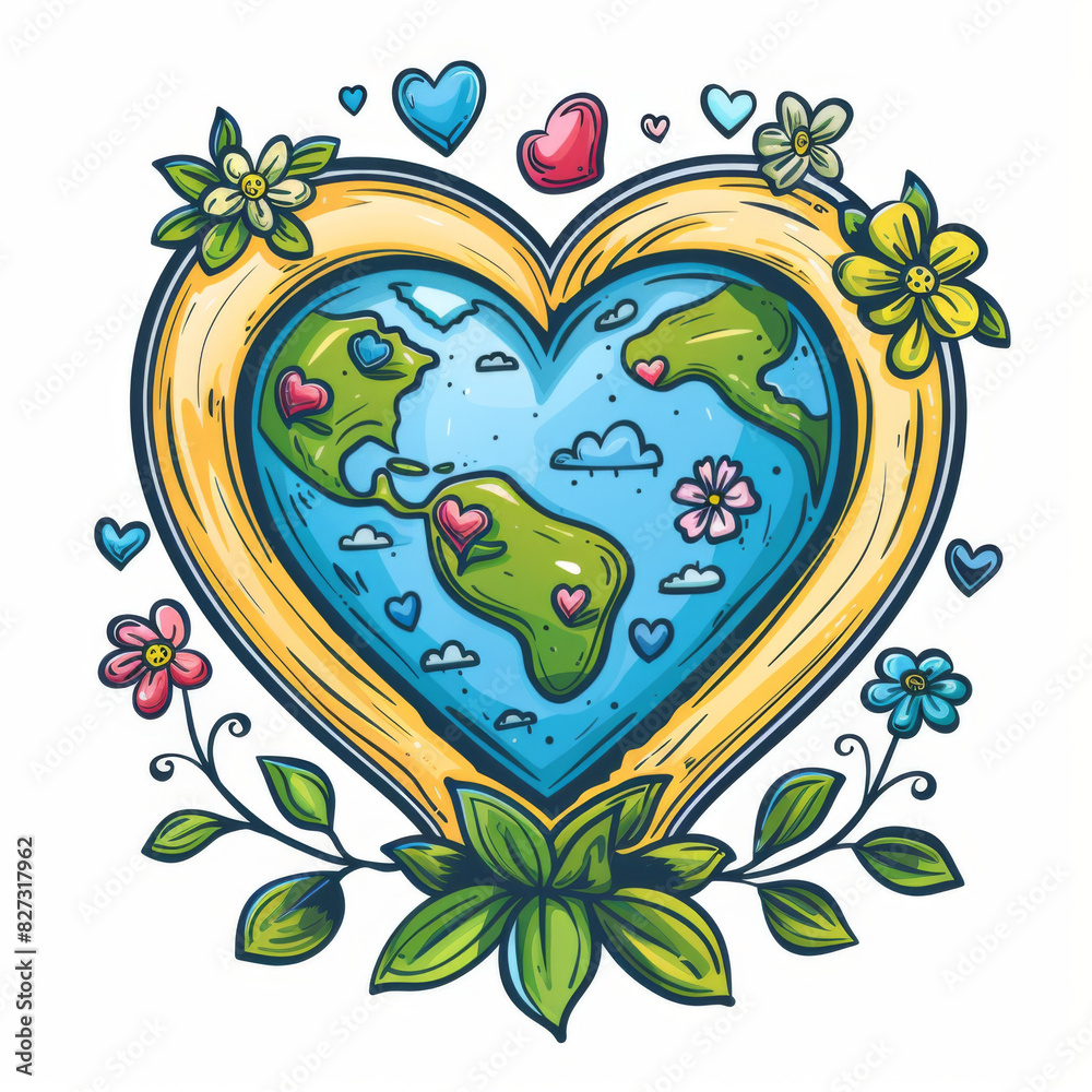 Fototapeta premium Illustration of Earth inside a heart frame, adorned with flowers and hearts, symbolizing love for the planet.