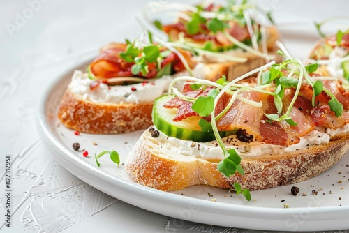 Close-up with Bruschetta with baguette, bacon or meat, cream cheese, micro-greenery, fresh cucumber and sprouts, on white plate on white textured background. Antipasto - generative ai