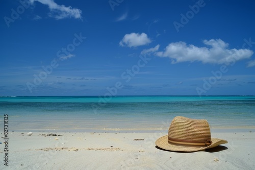 Tranquil beach scene  straw hat resting on sandy shore against azure sea backdrop