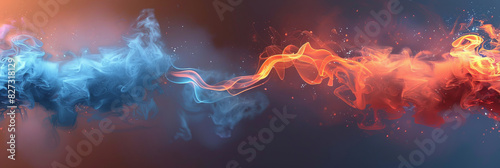 Blue and red flames colliding with particles in motion creating a dramatic and intense visual effect.banner 