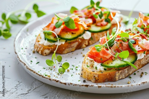 Close-up with Bruschetta with baguette, bacon or meat, cream cheese, micro-greenery, fresh cucumber and sprouts, on white plate on white textured background. Antipasto - generative ai
