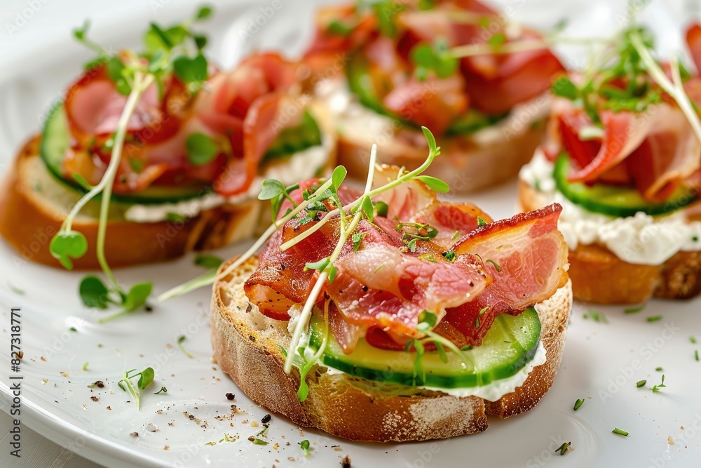 Close-up with Bruschetta with baguette, bacon or meat, cream cheese, micro-greenery, fresh cucumber and sprouts, on white plate on white textured background. Antipasto - generative ai Close-up with Bruschetta with baguette, bacon or meat, cream cheese, micro-greenery, fresh cucumber and sprouts, on white plate on white textured background. Antipasto - generative ai