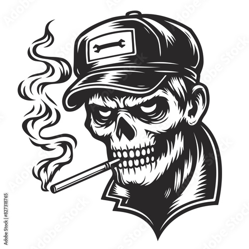 zombie mechanic with hat holding a cigarette line art.