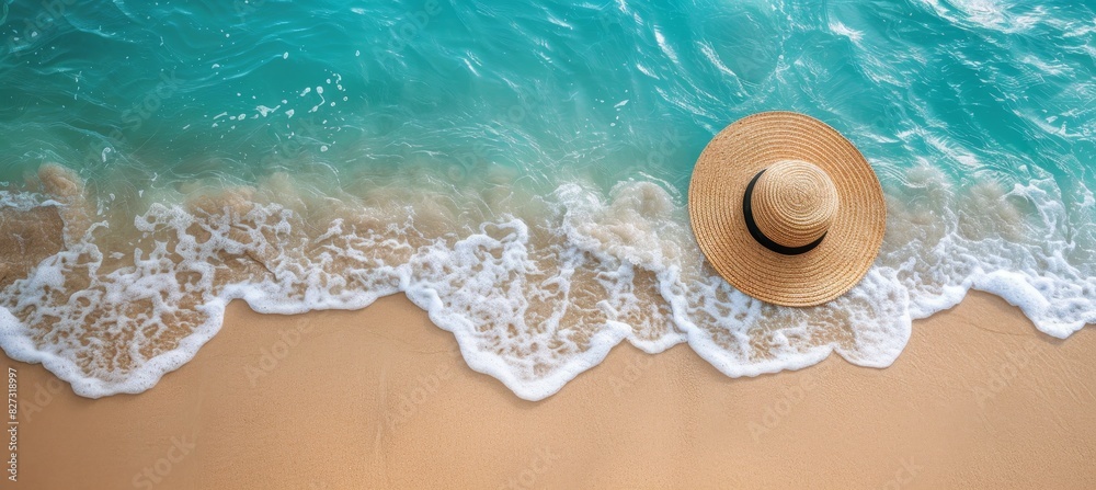 Fototapeta premium Tranquil summer scene sandy beach with sun hat against azure sea, perfect vacation backdrop