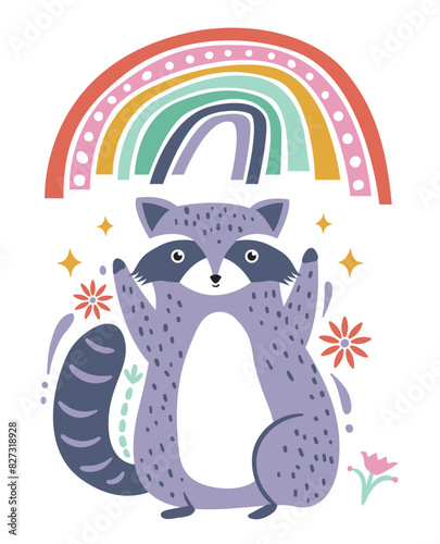 Regenbogen Zeichnung mit Waschbär, Vektor