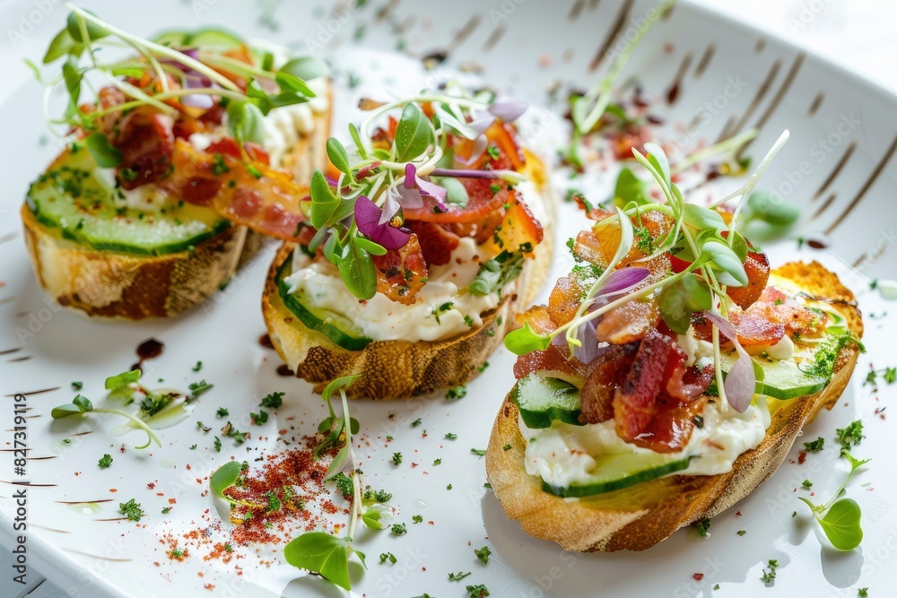 Close-up with Bruschetta with baguette, bacon or meat, cream cheese, micro-greenery, fresh cucumber and sprouts, on white plate on white textured background. Antipasto - generative ai