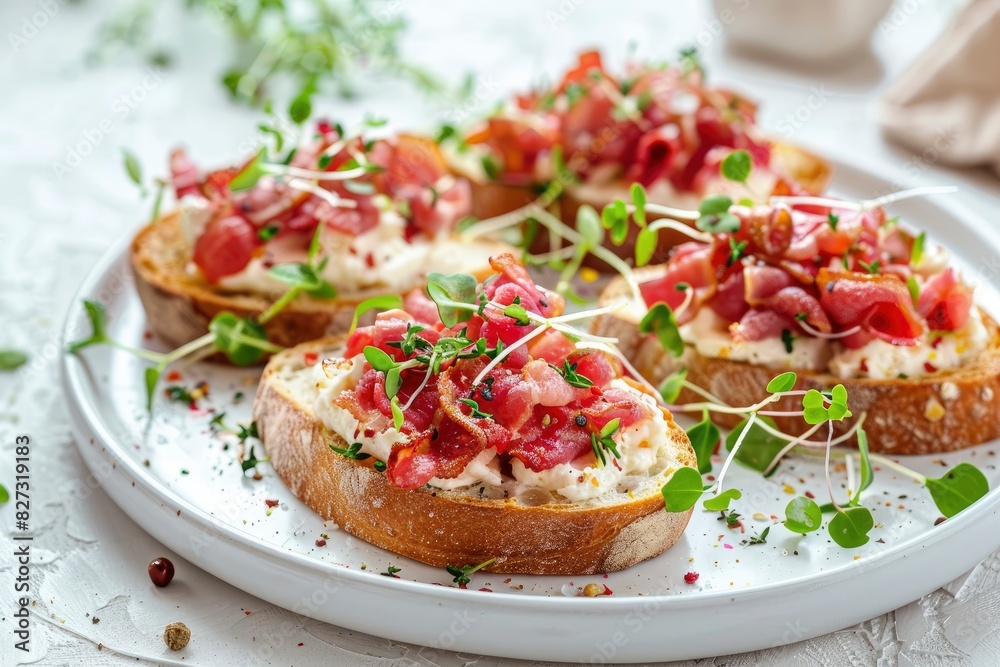 Close-up with Bruschetta with baguette, bacon or meat, cream cheese, micro-greenery, fresh cucumber and sprouts, on white plate on white textured background. Antipasto - generative ai Close-up with Bruschetta with baguette, bacon or meat, cream cheese, micro-greenery, fresh cucumber and sprouts, on white plate on white textured background. Antipasto - generative ai