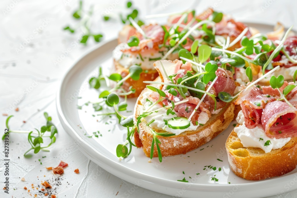 Close-up with Bruschetta with baguette, bacon or meat, cream cheese, micro-greenery, fresh cucumber and sprouts, on white plate on white textured background. Antipasto - generative ai Close-up with Bruschetta with baguette, bacon or meat, cream cheese, micro-greenery, fresh cucumber and sprouts, on white plate on white textured background. Antipasto - generative ai
