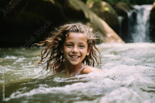young girl having fun in river in gorge in summer