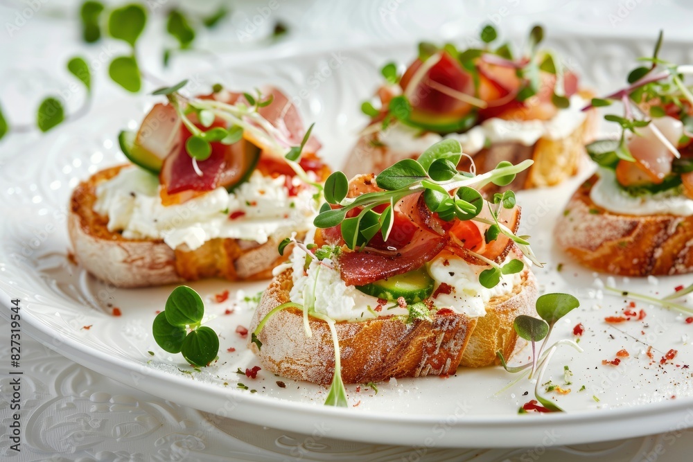 Close-up with Bruschetta with baguette, bacon or meat, cream cheese, micro-greenery, fresh cucumber and sprouts, on white plate on white textured background. Antipasto - generative ai Close-up with Bruschetta with baguette, bacon or meat, cream cheese, micro-greenery, fresh cucumber and sprouts, on white plate on white textured background. Antipasto - generative ai