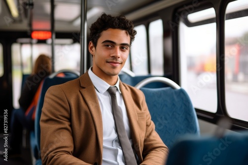 Young handsome businessman in public bus