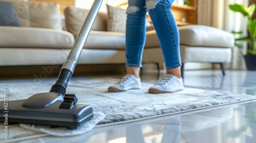 Close up of woman using vacuum cleaner to clean floor effectively and efficiently
