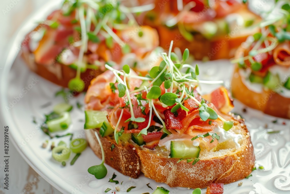 Close-up with Bruschetta with baguette, bacon or meat, cream cheese, micro-greenery, fresh cucumber and sprouts, on white plate on white textured background. Antipasto - generative ai Close-up with Bruschetta with baguette, bacon or meat, cream cheese, micro-greenery, fresh cucumber and sprouts, on white plate on white textured background. Antipasto - generative ai