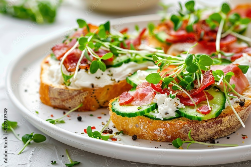 Close-up with Bruschetta with baguette, bacon or meat, cream cheese, micro-greenery, fresh cucumber and sprouts, on white plate on white textured background. Antipasto - generative ai Close-up with Bruschetta with baguette, bacon or meat, cream cheese, micro-greenery, fresh cucumber and sprouts, on white plate on white textured background. Antipasto - generative ai