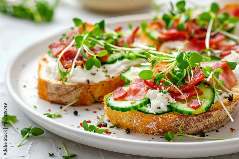 Close-up with Bruschetta with baguette, bacon or meat, cream cheese, micro-greenery, fresh cucumber and sprouts, on white plate on white textured background. Antipasto - generative ai