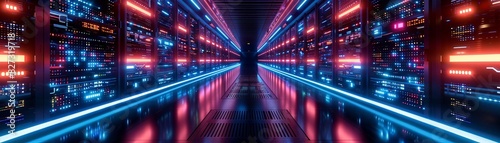 Modern data center with colorful neon lights and server racks, showcasing advanced technology and infrastructure for data storage and processing.
