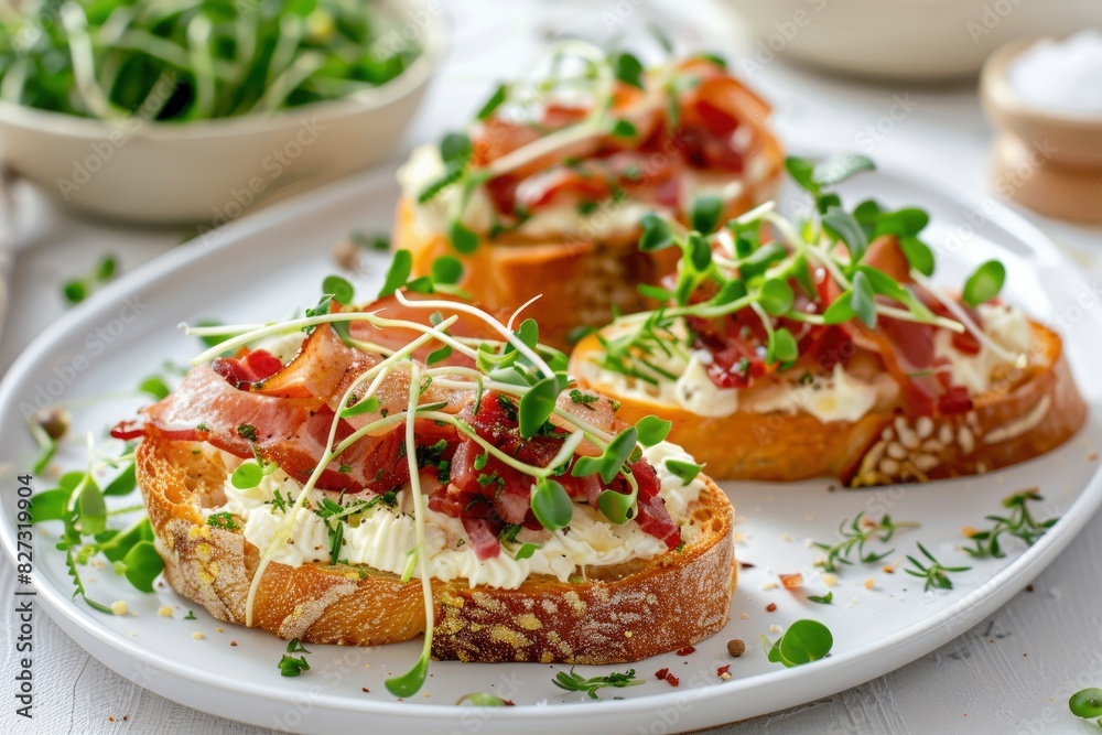 Close-up with Bruschetta with baguette, bacon or meat, cream cheese, micro-greenery, fresh cucumber and sprouts, on white plate on white textured background. Antipasto - generative ai Close-up with Bruschetta with baguette, bacon or meat, cream cheese, micro-greenery, fresh cucumber and sprouts, on white plate on white textured background. Antipasto - generative ai