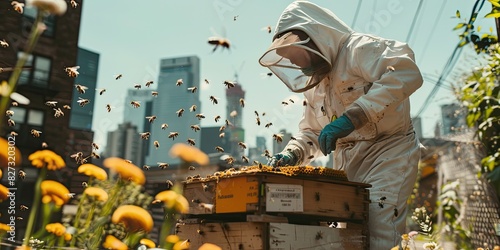 Beekeeper in Action with Swarming Bees photo