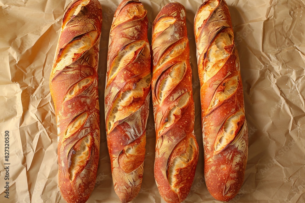 Close up of fresh baguettes on craft paper, french breakfast concept for delicious morning meal Close up of fresh baguettes on craft paper, french breakfast concept for delicious morning meal