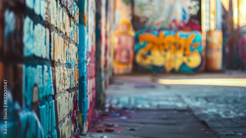 Colorful urban graffiti art in run-down city area with blurred background and copy space