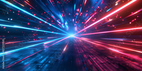 Futuristic data stream with vibrant blue and red light trails in a digital matrix environment. Vivid light trails in a digital cyber grid with glowing blue and red hues creating a dynamic visual effe
