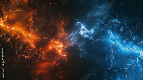 Vibrant contrast of hot orange and cold blue electrical lightning bolts in dynamic energy background