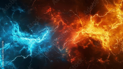 Vibrant contrast of hot orange and cold blue electrical lightning bolts in dynamic energy background