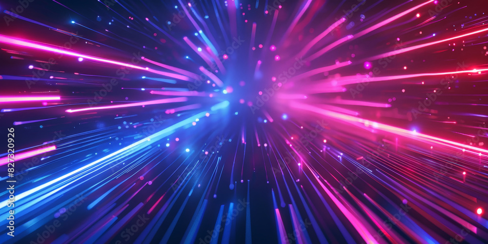 Fototapeta premium Futuristic data stream with vibrant blue and red light trails in a digital matrix environment. Vivid light trails in a digital cyber grid with glowing blue and red hues creating a dynamic visual effe 