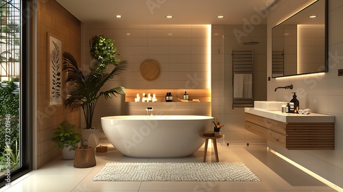Modern bathroom with a freestanding bathtub and sleek fixtures  realistic interior design
