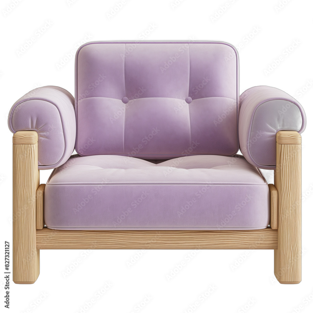 Minimalistic render of a purple armchair with wooden armrests on a white background Minimalistic render of a purple armchair with wooden armrests on a white background