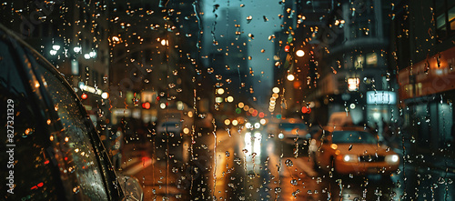 photograph of rainy night city view from glass window