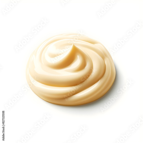 Close-up of Fresh, Creamy Light Yellow Mayonnaise in Swirled Dollop on White Background Smooth Texture and Rich Consistency Ideal for Food Culinary Blogs, and Advertising Concepts