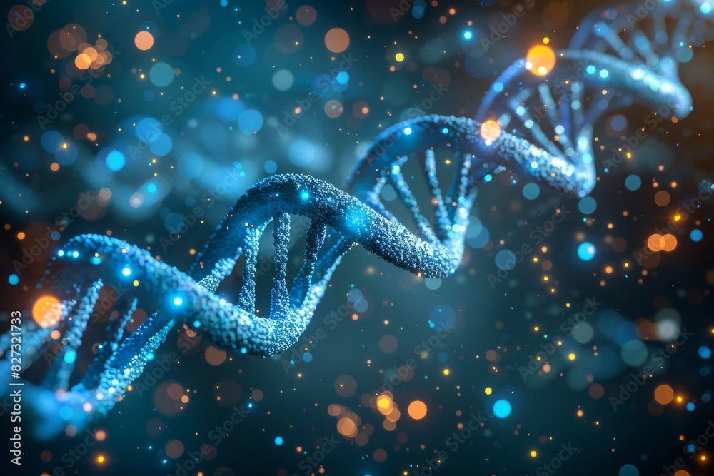 Blue DNA helix with golden highlights and glowing particles, detailed scientific visualization in a dynamic and modern illustration Blue DNA helix with golden highlights and glowing particles, detailed scientific visualization in a dynamic and modern illustration