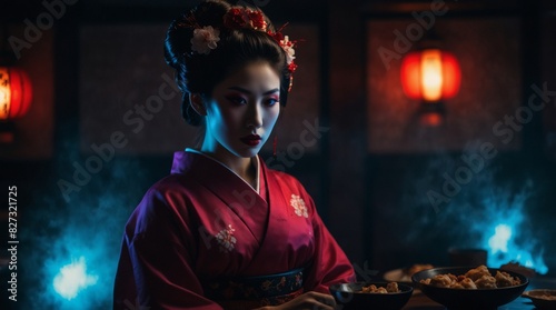 A Geisha in the dark room with smoke