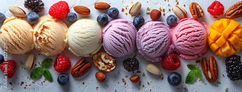 Wide banner photo of delicious scoop of multi color fruit and nut ice cream sorbet on a icecream cup with fruits and nuts around in white background