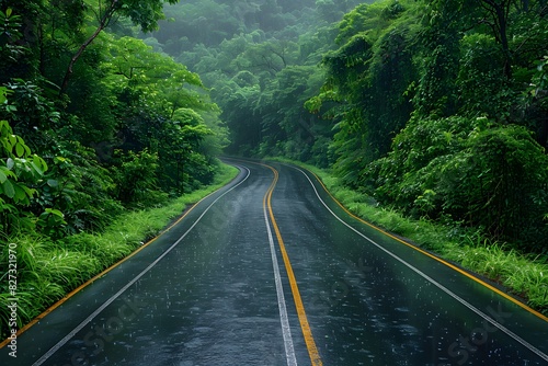 Serene Rainy Road Through Lush Green Forest - Nature Scenery for Environmental Concept and Travel Inspiration
