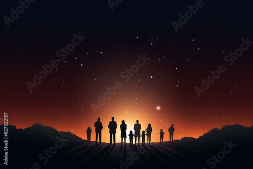 many people standing in front of sunset, dramatic sky, another planet.