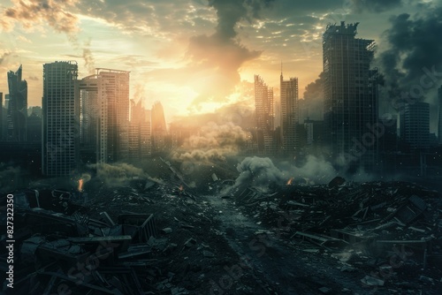 Dramatic postapocalyptic cityscape at sunset with abandoned, decaying buildings, and a moody, eerie atmosphere of desolation and devastation reminiscent of a dystopian future world after war photo