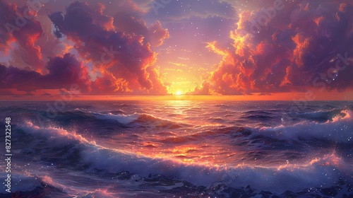 sunset overtranquil ocean, where the sky is painted in soft fluffy hues of orange and purple © ALLAH KING OF WORLD