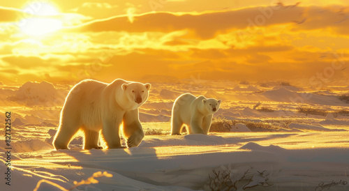 A group of polar bears are walking on the snow  with sunset in the distance and orange clouds in the sky.