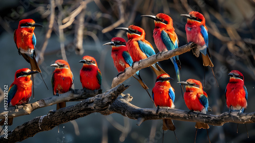 Red birds. Colorful Southern Carmine bee-eater, Merops nubicoides, colony of red and blue winged african birds on the bank of Zambezi river. Bird photography in ManaPools, Zimbabwe. photo