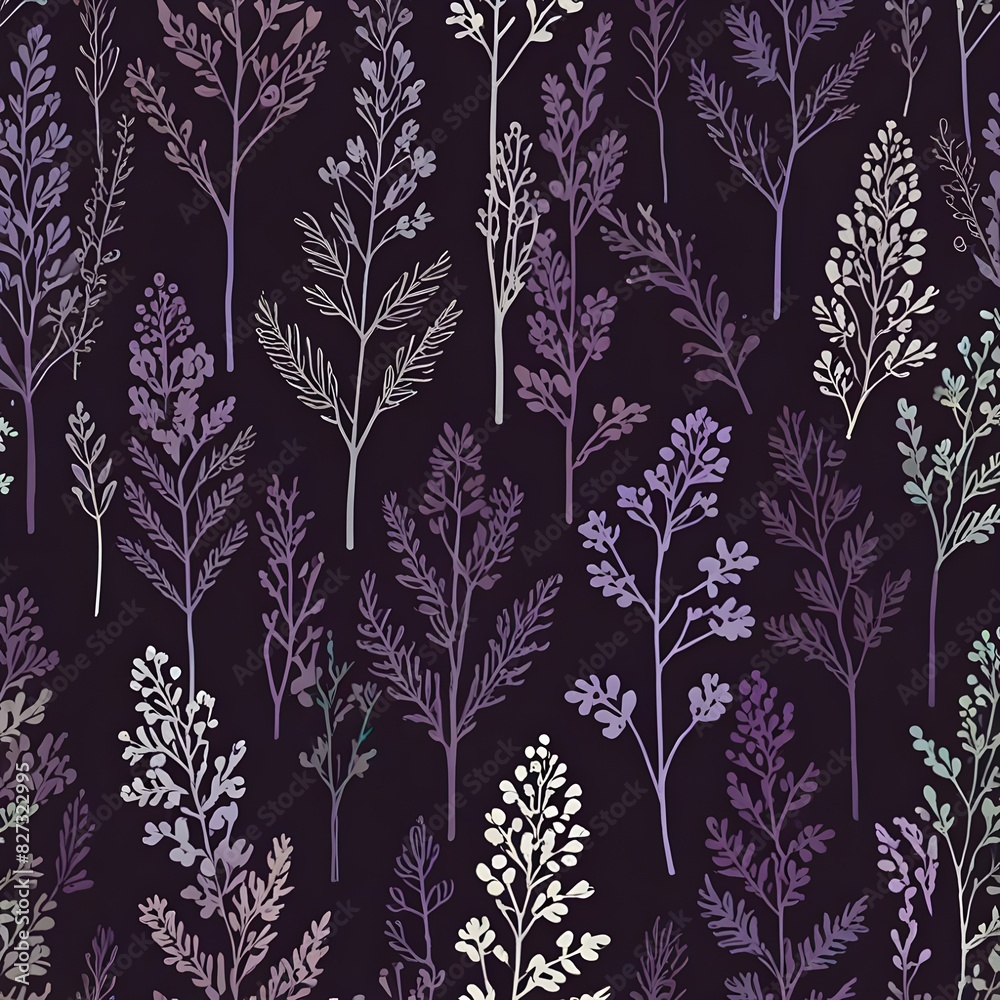 Abstract simple violet branches with shapes wild flowers, leaves seamless pattern. Pastel purple silhouettes floral stems printing. Vector hand drawing. Nature ornament for textile, fabric, wallpaper Abstract simple violet branches with shapes wild flowers, leaves seamless pattern. Pastel purple silhouettes floral stems printing. Vector hand drawing. Nature ornament for textile, fabric, wallpaper