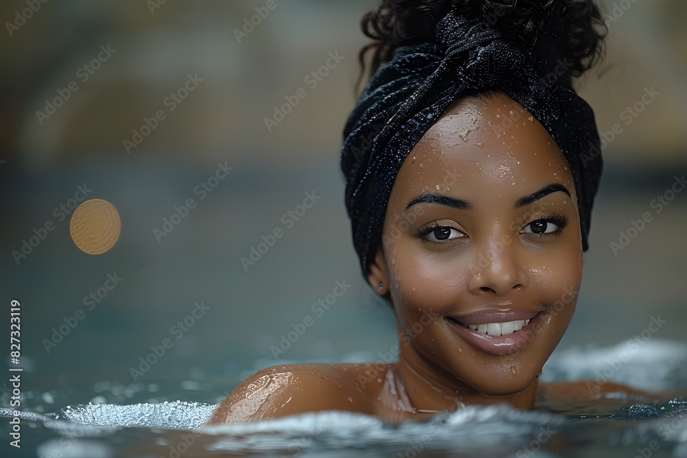 Relaxed Woman in Pool with Black Headwrap Enjoying Spa Experience - Close-Up Portrait for Wellness and Beauty Concepts Relaxed Woman in Pool with Black Headwrap Enjoying Spa Experience - Close-Up Portrait for Wellness and Beauty Concepts